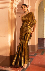 Liquid Gold Tissue Cotton saree With A Thin Black Border