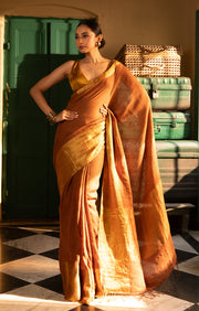 Absolutely Stunning Caramel Textured Linen Saree With Gold Zari Border & Pallu