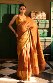 Absolutely Stunning Caramel Textured Linen Saree With Gold Zari Border & Pallu