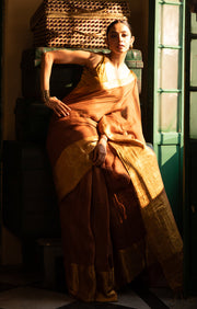 Absolutely Stunning Caramel Textured Linen Saree With Gold Zari Border & Pallu