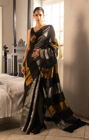 Black, Gold and Silver Thick Vertical Striped Linen Saree