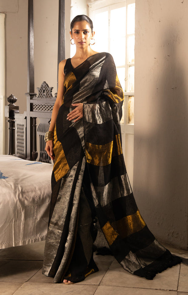 Black, Gold and Silver Thick Vertical Striped Linen Saree