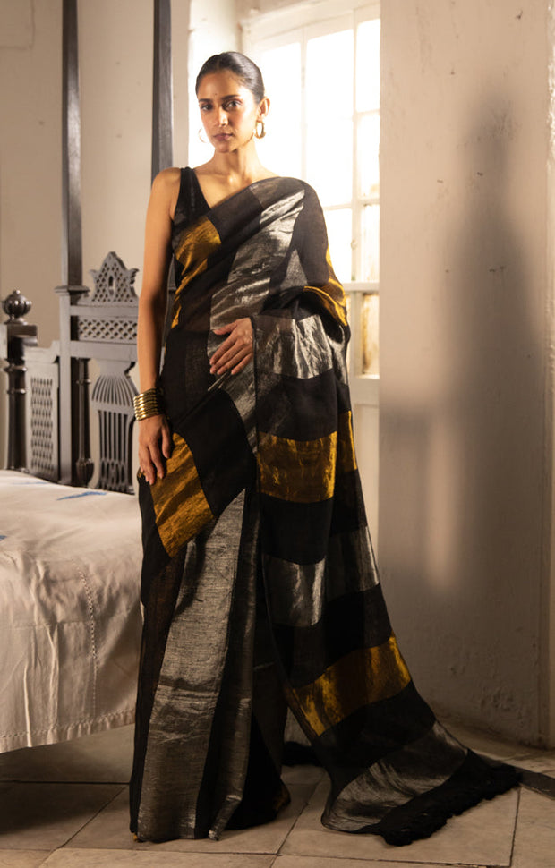 Black, Gold and Silver Thick Vertical Striped Linen Saree