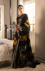 Black, Gold and Silver Thick Vertical Striped Linen Saree