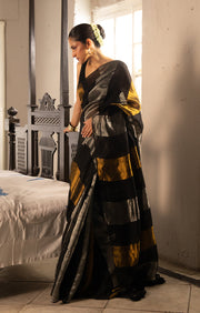 Black, Gold and Silver Thick Vertical Striped Linen Saree