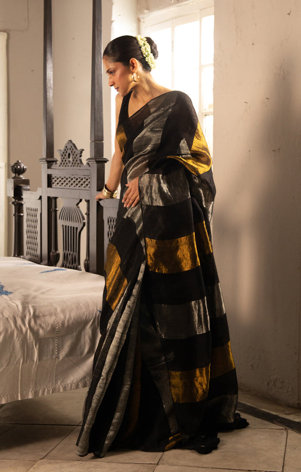 Black, Gold and Silver Thick Vertical Striped Linen Saree