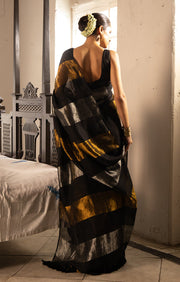 Black, Gold and Silver Thick Vertical Striped Linen Saree