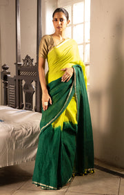 A striking Lime & Pine Green Tie & Dye Linen Saree