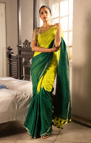 A striking Lime & Pine Green Tie & Dye Linen Saree