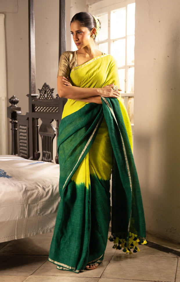 A striking Lime & Pine Green Tie & Dye Linen Saree