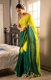 A striking Lime & Pine Green Tie & Dye Linen Saree