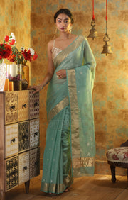 Sea Green Chanderi Silk Saree With Woven Zari Butta