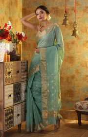 Sea Green Chanderi Silk Saree With Woven Zari Butta