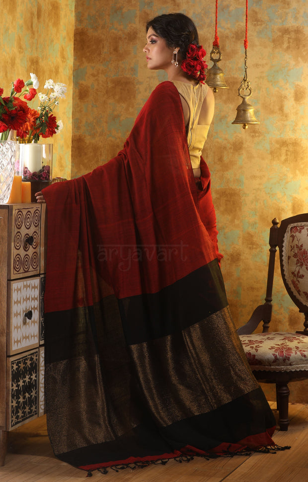 Red Cotton Saree With a Stunning Black and Gold Pallu
