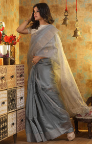 Silver Grey Silk Saree With Woven Zari Motifs