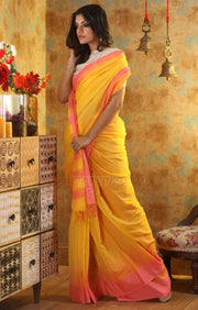 Sunflower Yellow Cotton Saree With Woven Check Design on Contrasting Pink Border