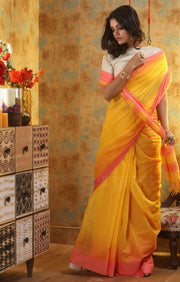 Sunflower Yellow Cotton Saree With Woven Check Design on Contrasting Pink Border