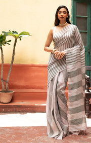 Grey & faded pink Striped Linen Saree