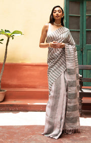 Grey & faded pink Striped Linen Saree