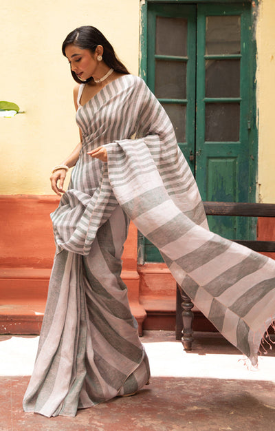 Grey & faded pink Striped Linen Saree