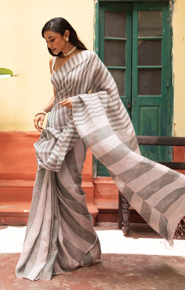 Grey & faded pink Striped Linen Saree