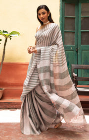 Grey & faded pink Striped Linen Saree