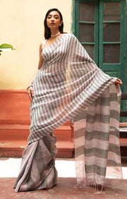 Grey & faded pink Striped Linen Saree