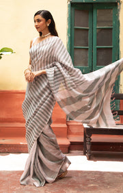 Grey & faded pink Striped Linen Saree