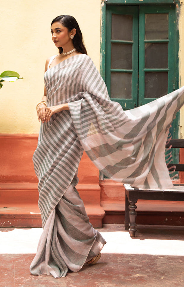 Grey & faded pink Striped Linen Saree