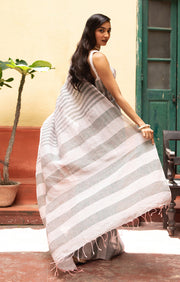 Grey & faded pink Striped Linen Saree