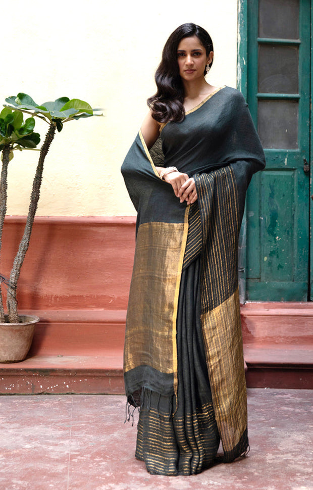 Navy Teal Textured Linen Saree With Striped Gold Zari Border & Pallu