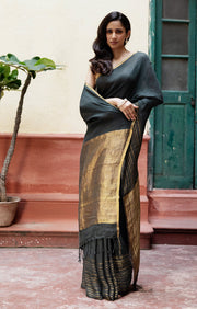 Navy Teal Textured Linen Saree With Striped Gold Zari Border & Pallu
