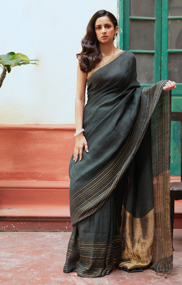 Navy Teal Textured Linen Saree With Striped Gold Zari Border & Pallu