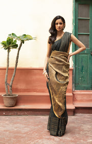 Navy Teal Textured Linen Saree With Striped Gold Zari Border & Pallu