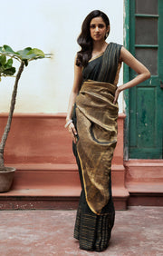 Navy Teal Textured Linen Saree With Striped Gold Zari Border & Pallu