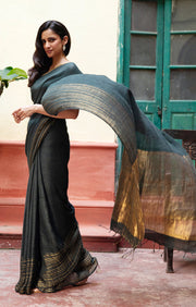 Navy Teal Textured Linen Saree With Striped Gold Zari Border & Pallu