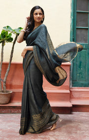 Navy Teal Textured Linen Saree With Striped Gold Zari Border & Pallu