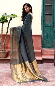 Navy Teal Textured Linen Saree With Striped Gold Zari Border & Pallu