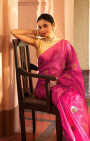 Stunning Fuchsia Silk Chanderi Saree With Woven Antique Buttas