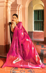 Stunning Fuchsia Silk Chanderi Saree With Woven Antique Buttas