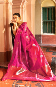 Stunning Fuchsia Silk Chanderi Saree With Woven Antique Buttas