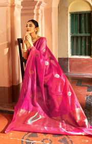 Stunning Fuchsia Silk Chanderi Saree With Woven Antique Buttas