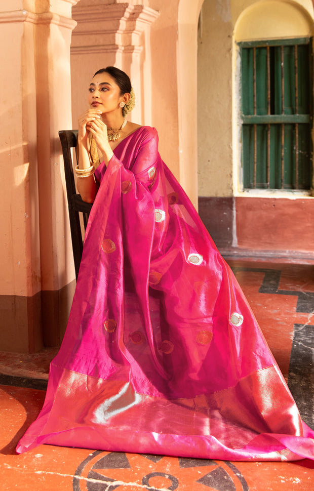 Stunning Fuchsia Silk Chanderi Saree With Woven Antique Buttas