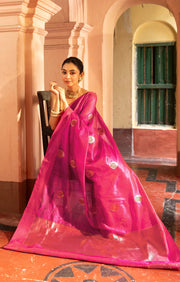 Stunning Fuchsia Silk Chanderi Saree With Woven Antique Buttas
