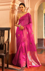 Stunning Fuchsia Silk Chanderi Saree With Woven Antique Buttas