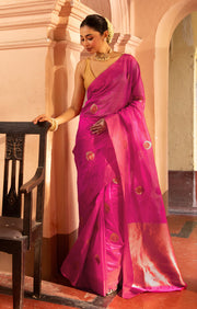 Stunning Fuchsia Silk Chanderi Saree With Woven Antique Buttas