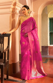 Stunning Fuchsia Silk Chanderi Saree With Woven Antique Buttas