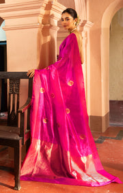 Stunning Fuchsia Silk Chanderi Saree With Woven Antique Buttas