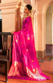 Stunning Fuchsia Silk Chanderi Saree With Woven Antique Buttas