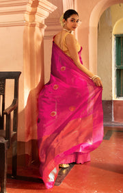 Stunning Fuchsia Silk Chanderi Saree With Woven Antique Buttas